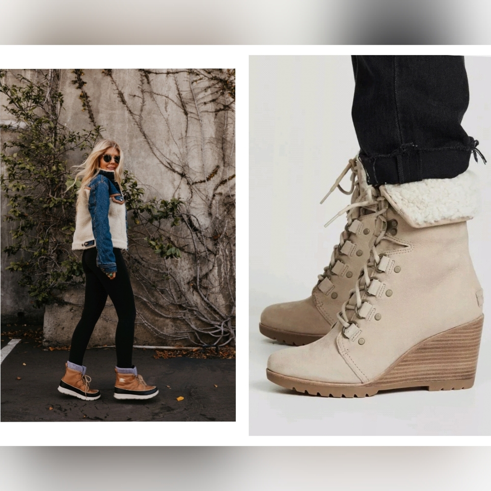 Sorel Beige Lace-Up Wedge Ankle Boots